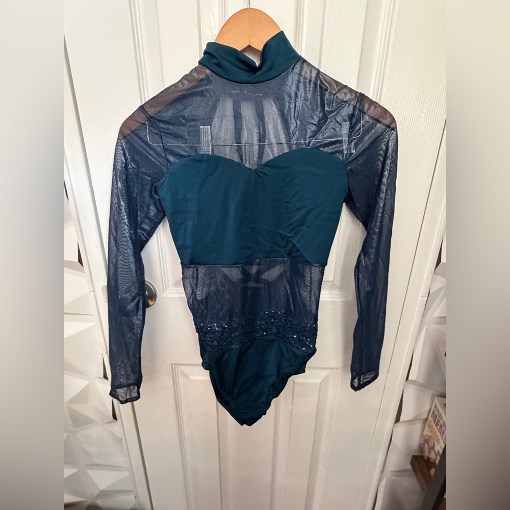 Women’s Dark Teal Long-Sleeve Mesh Leotard / dance costume with skirt